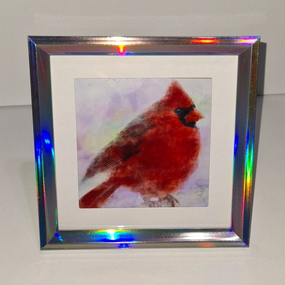 4x4 Chubby Northern Red Cardinal‎ Bird Watercolor Iridescent Framed Art Print